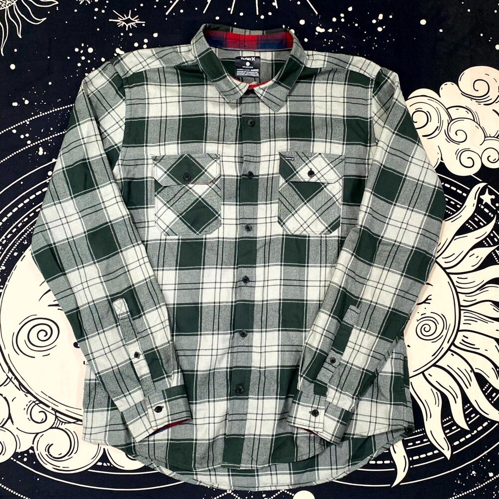 Hurley X Nike Button-Up Shirt Men's L White Plaid Workwear Travel Long Sleeve